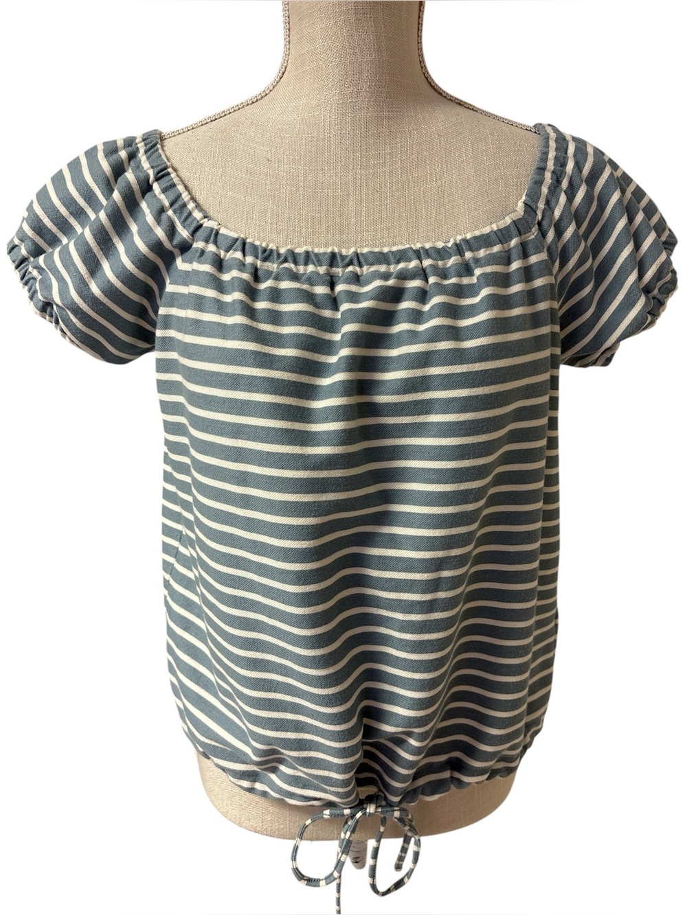 Madewell Striped Off-Shoulder Puff Sleeve Top in Blue and Cream Sz/L